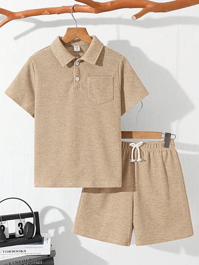 2pcs/Set Tween Boy Loose Fit Solid Turndown Collar Short Sleeve Polo Shirt And Shorts Set, Casual Outfit For Commuting, School, Daily, Sports, Suitable For Spring/Summer