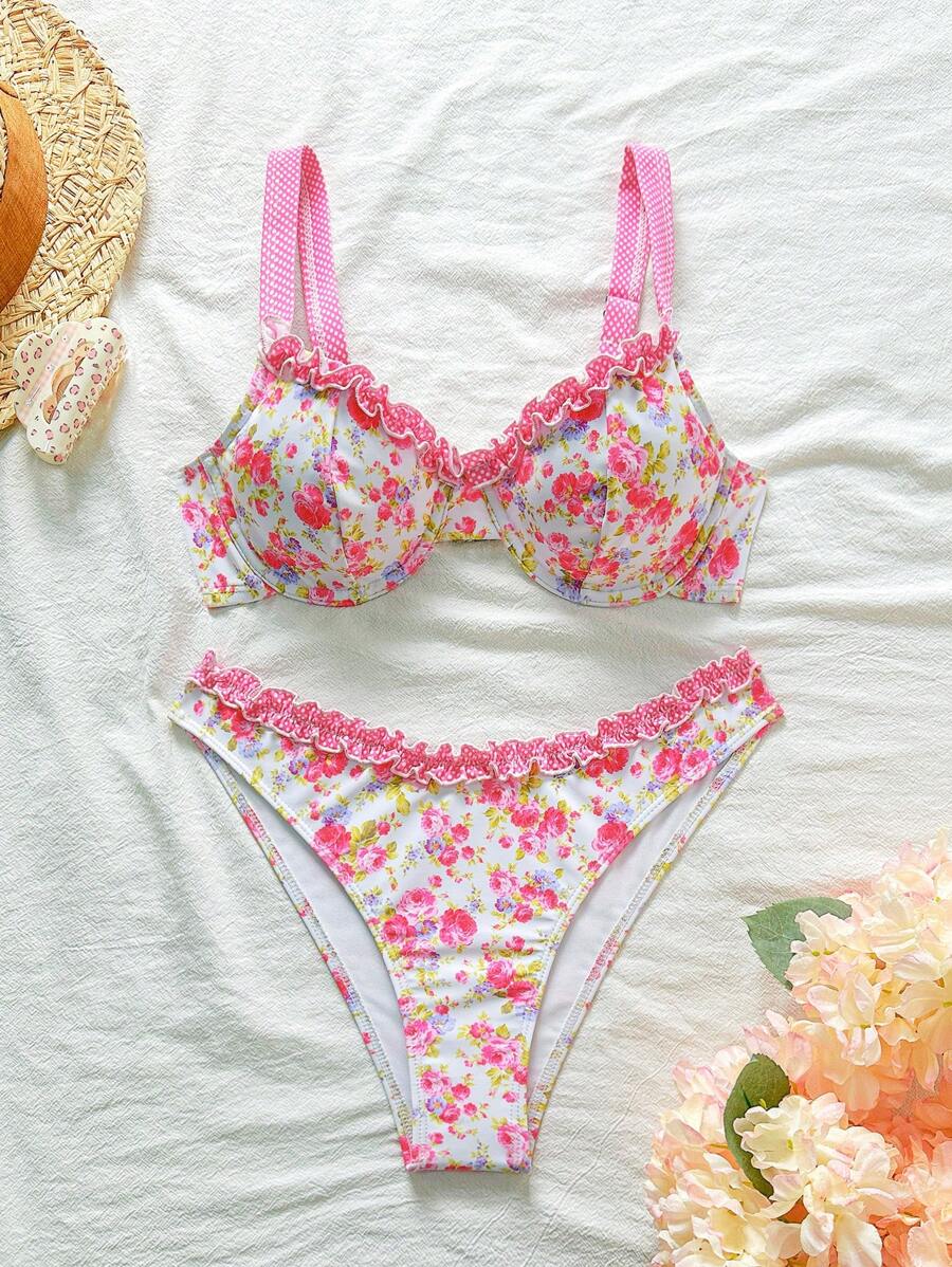 Swim Mod Damski letni zestaw bikini z marszczeniami w drobne kwiaty, uroczy i romantyczny
