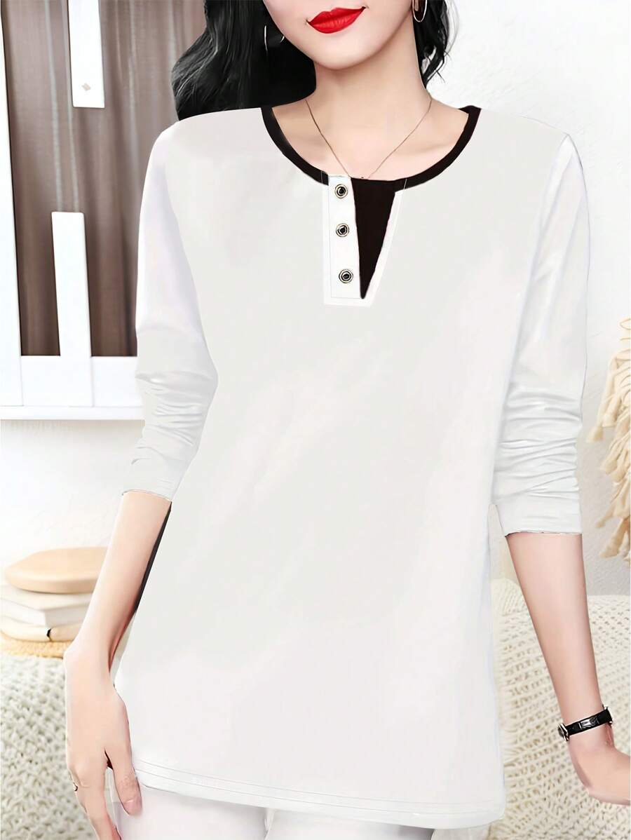 SHEIN Unity Blusa casual da donna con scollo a V, decorata con bottoni, a blocchi di colore, manica lunga, vestibilità slim
