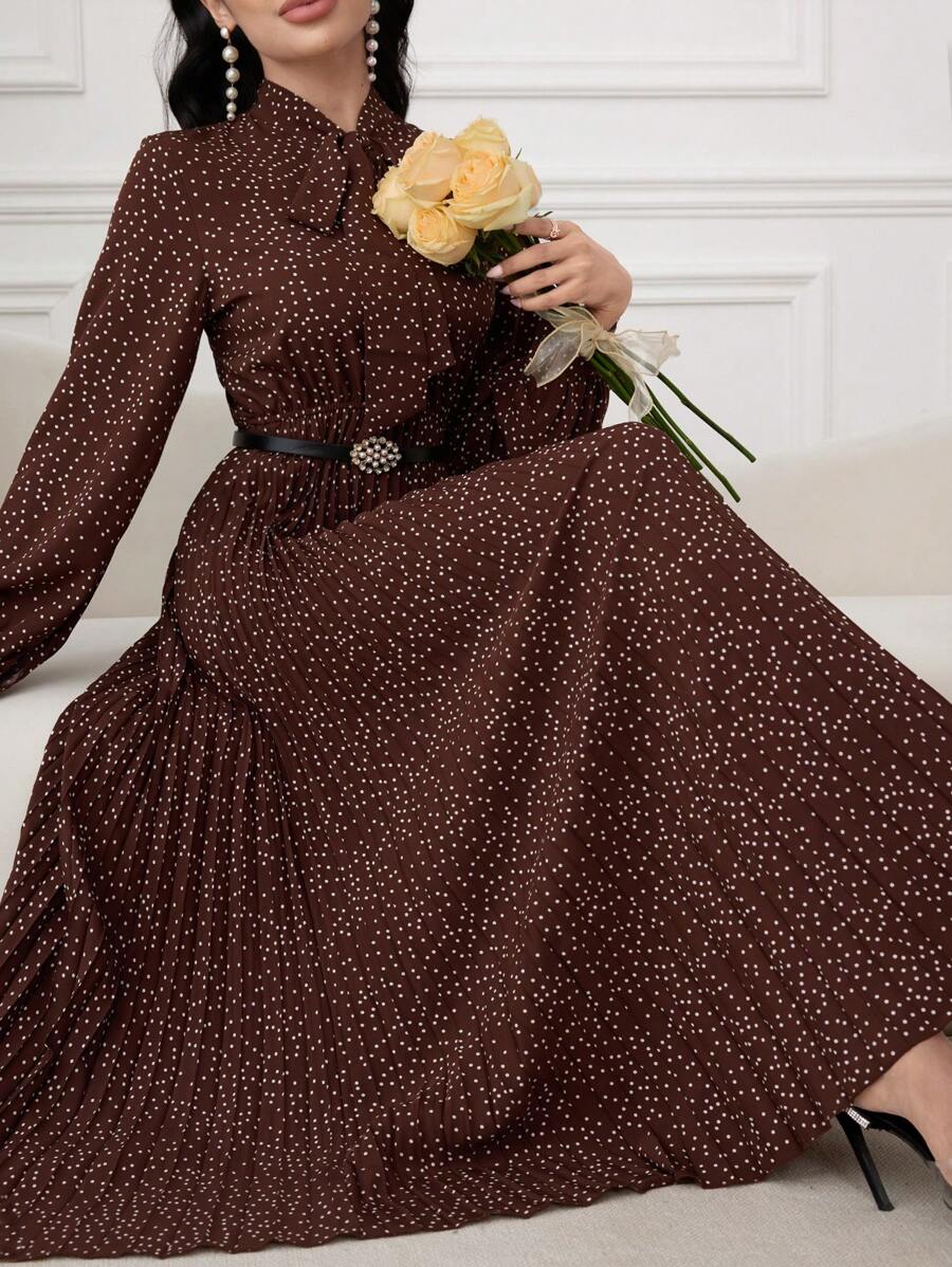Modelyn Abito lungo con maniche lunghe e plissettato, con stampa all-over, collo a cravatta, vestito maxi da donna per occasioni serali