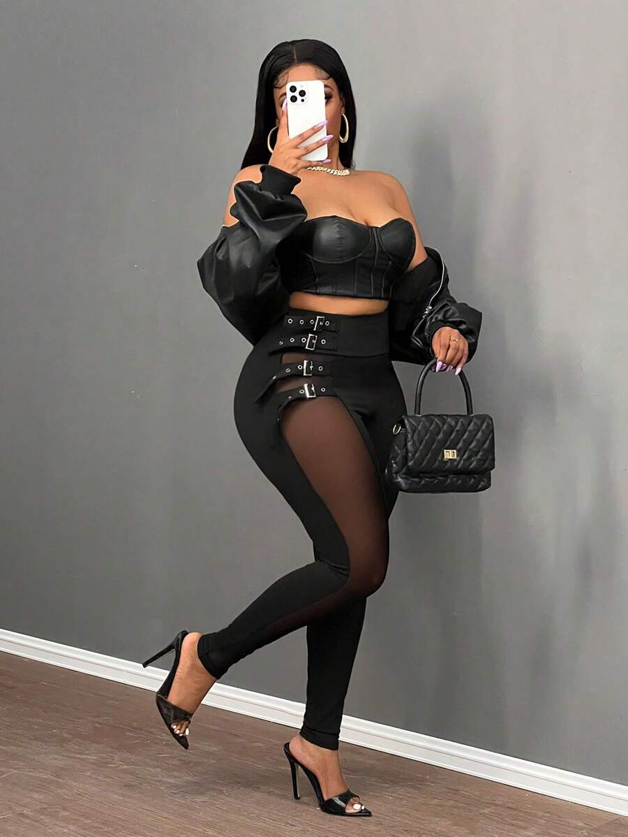 Slaydiva Plus Size Damskie Czarne Kontrastowe Siatkowe Seksowne Długie Spodnie