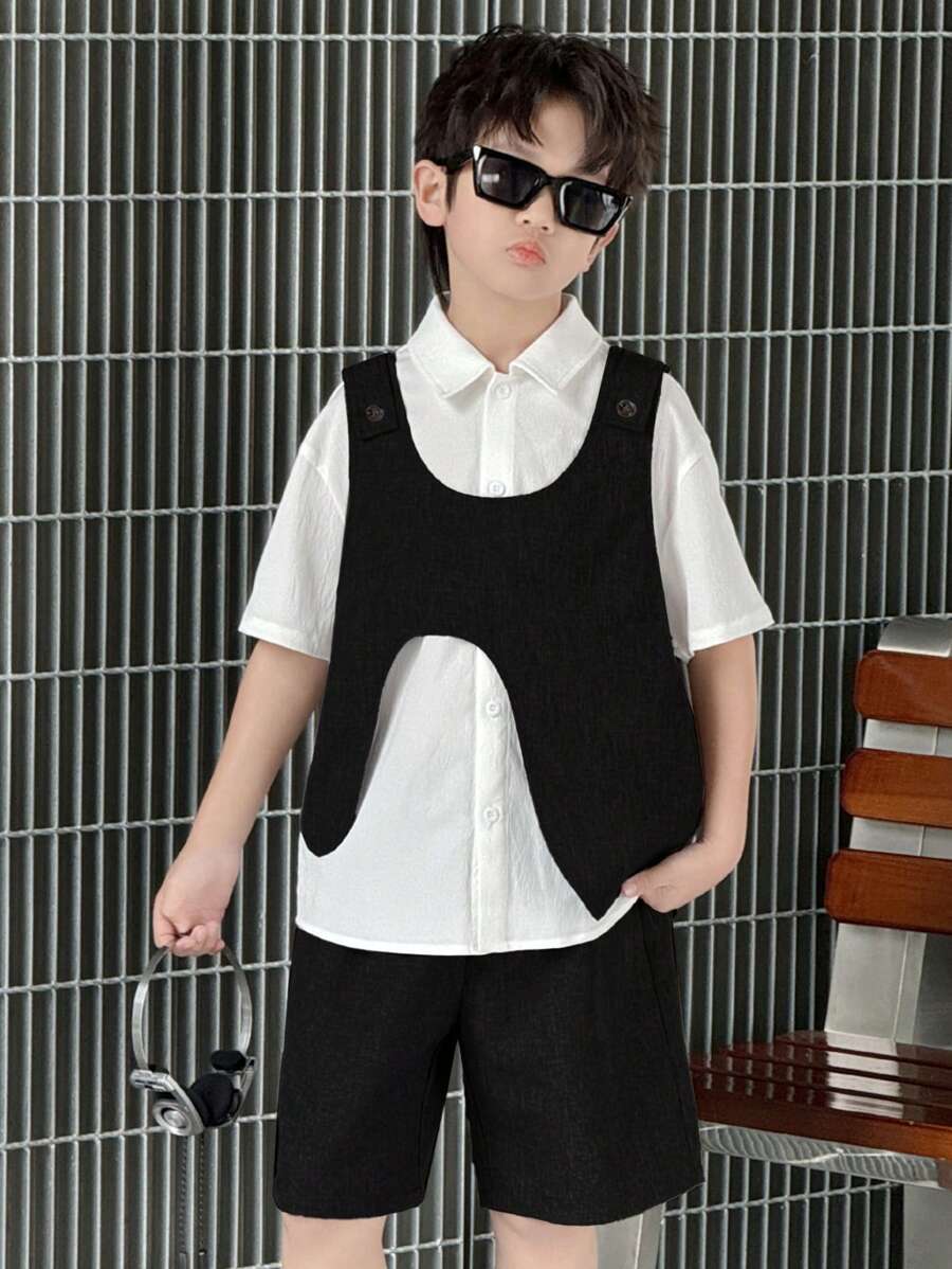 1-For-1 Tween Boy Casual Collared Shirt + Pony Vest Set, Suitable For Autumn, Spring, Summer, Outdoor Play, School, Street Style, Parties And Casual Home Wear