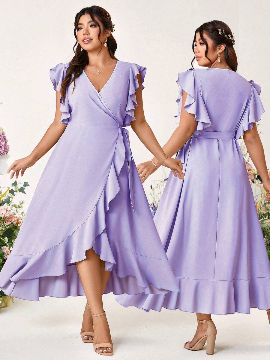Cravure Abito da donna con arricciatura al fondo, monocolore, con cintura in vita, senza maniche, elegante, vestito da matrimonio, abito da ospite di matrimonio, taglie forti