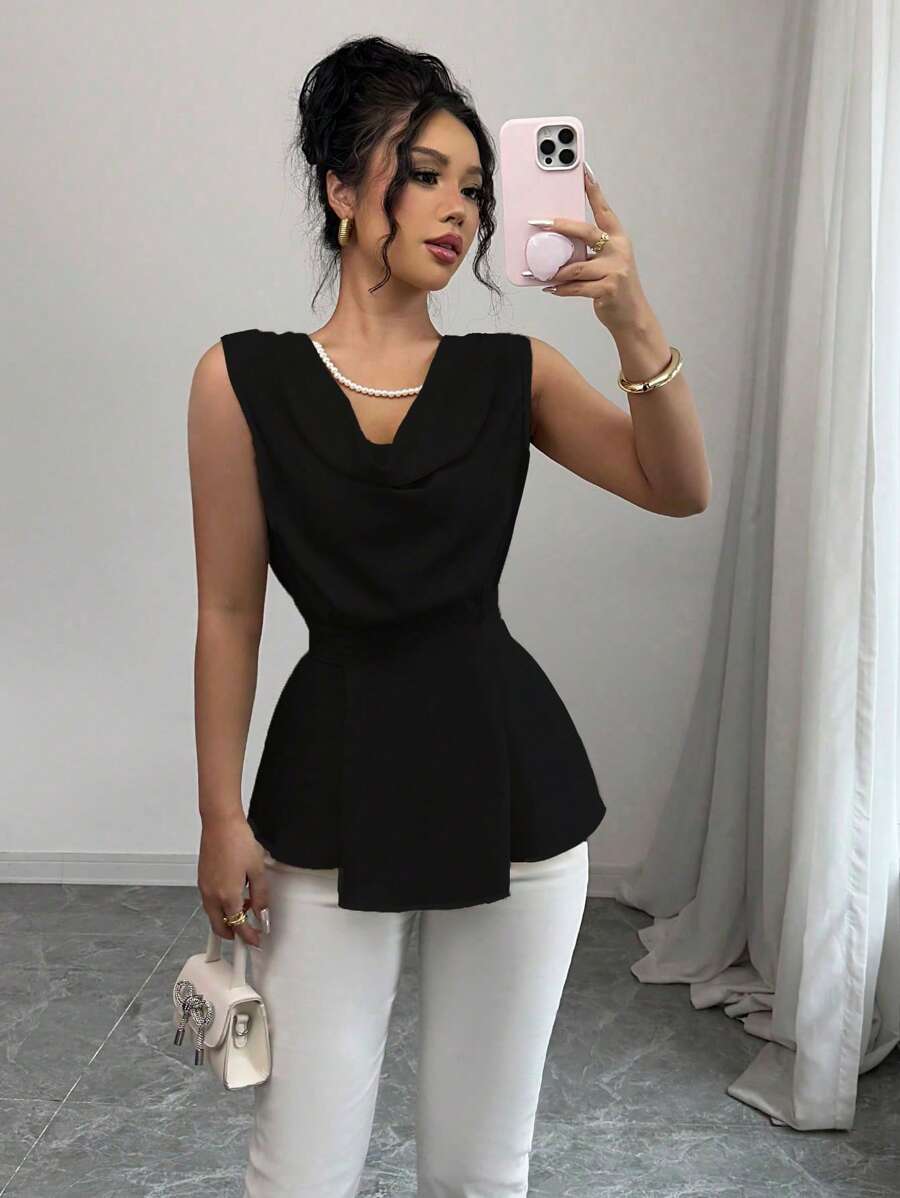 Gloray Camicetta elegante e di moda con scollo a cascata, top con balze, colore unito