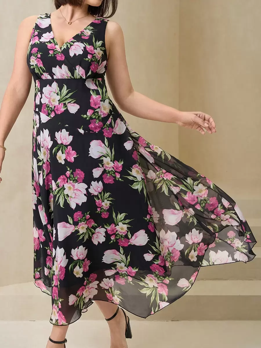 Chikora Spring Women's Black Base Red Chiffon Floral Print Sleeveless Plus Size Dress, Elegant Coat Beautiful Clothing Women Dresses Elegant Dresses Women Summer Dresses Women Summer Dresses Elegant Women Dresses Summer Dresses Plus Size Women Dresses Summer Elegant Women Dresses Holiday Dresses