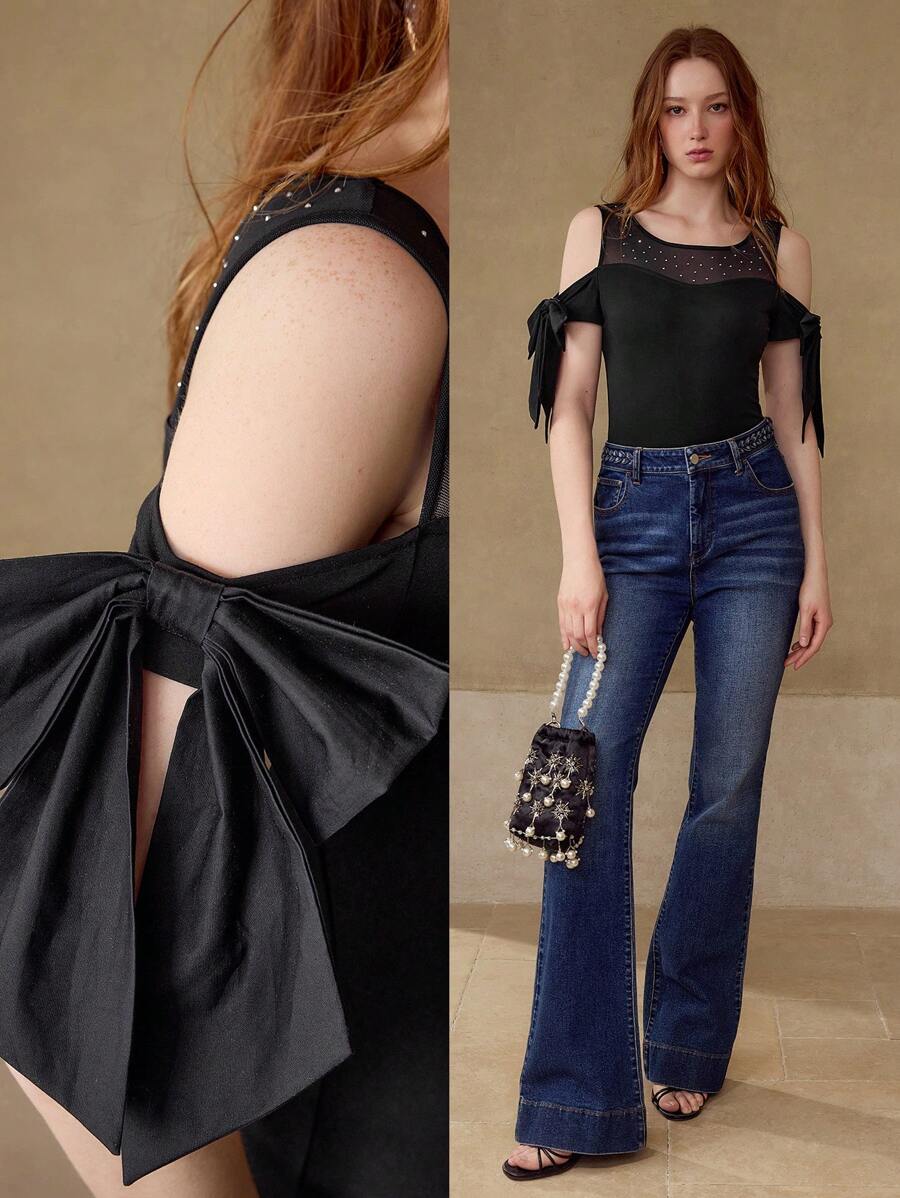 MOTF CONTRAST MESH BOW DETAIL T-SHIRT