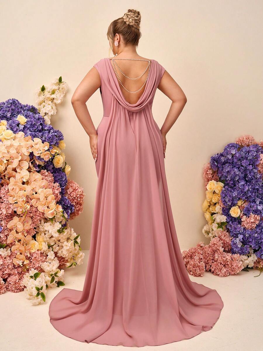 SHEIN Belle Plus Elegant Satin Dress With Faux Pearl Decor, Open Back Mermaid Hem Maxi Bridesmaid Gown