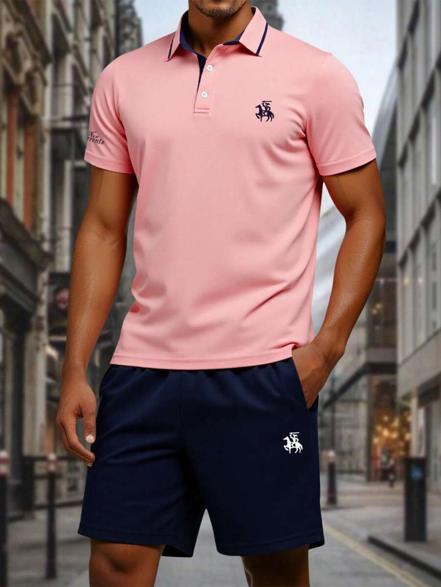 Manfinity Homme Set da 2 pezzi composto da polo a maniche corte e pantaloncini casual stile cavaliere per uomo (taglia errata), polo da uomo, completi estivi casual da uomo