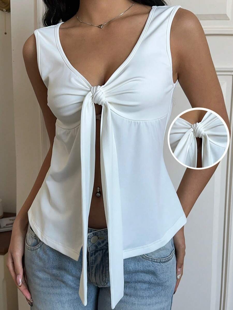 SHEIN EZwear Weißes gestricktes ärmelloses Crop Top mit Bindedetail für Frauen