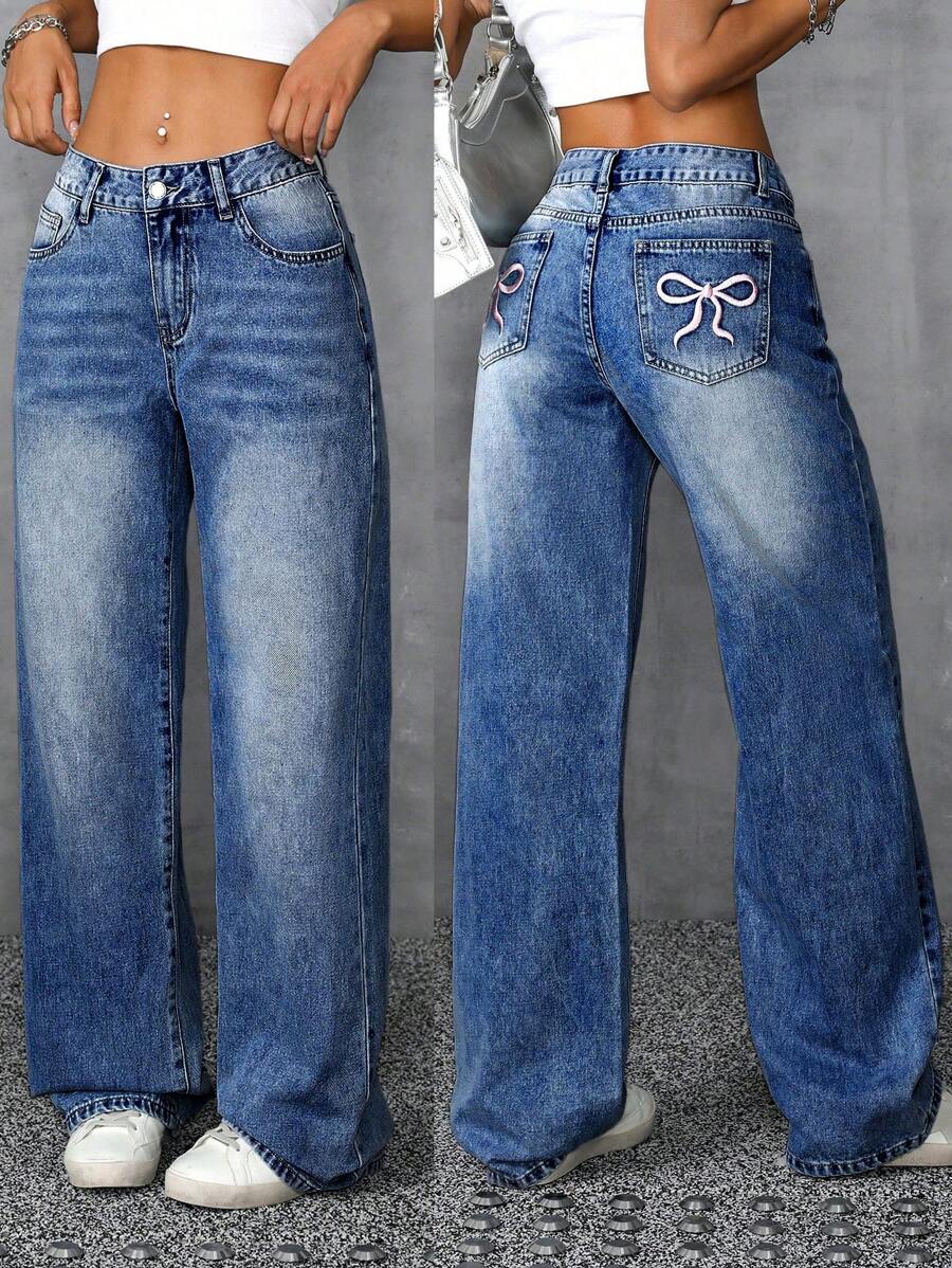 SHEIN ICON Casual Bowknot Embroidered Washed Straight-Leg Jeans