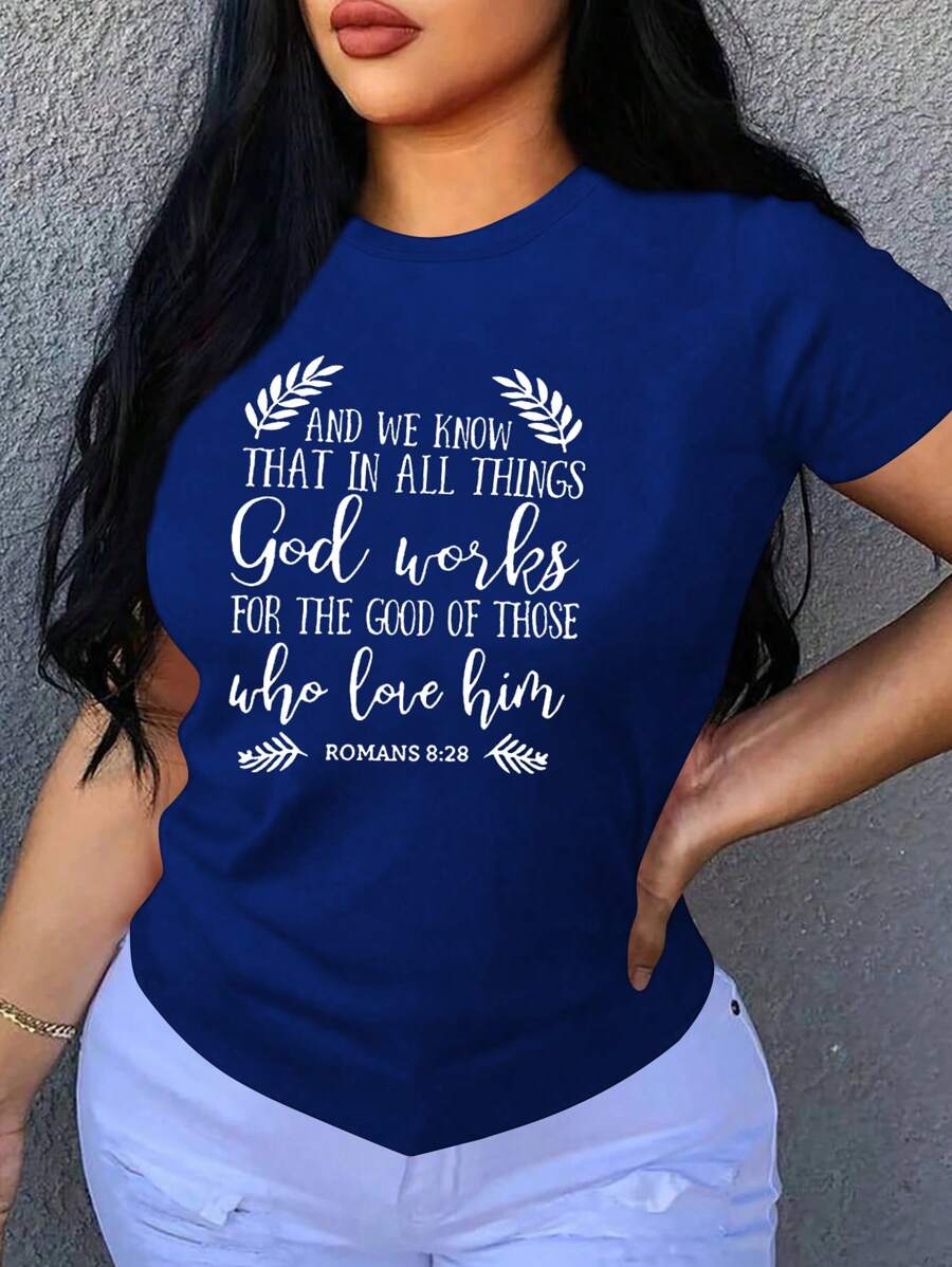 INAWLY T-shirt bleu à col rond avec slogan imprimé en forme d'épi de blé, mode de rue