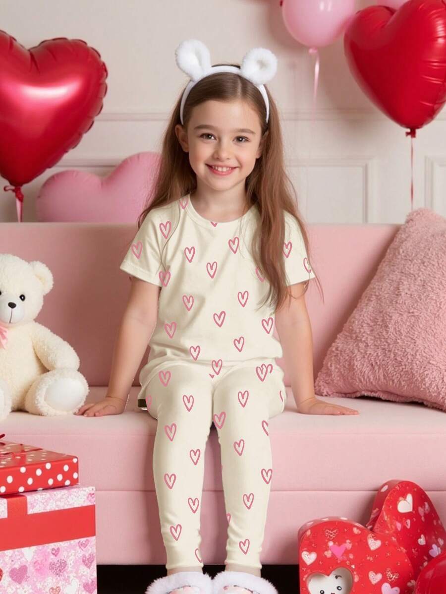 SHEIN 2 peças Conjunto de Pijama com Camiseta de Manga Curta com Estampa de Desenho Animado e Legging, Adequado para Primavera/Verão, para Meninas Jovens