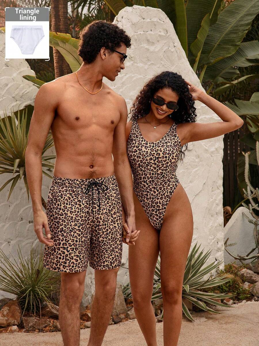 Manfinity VDAYZ Shorts de playa con estampado de leopardo y cordón a la cintura, con estilo hawaiano, para hombre