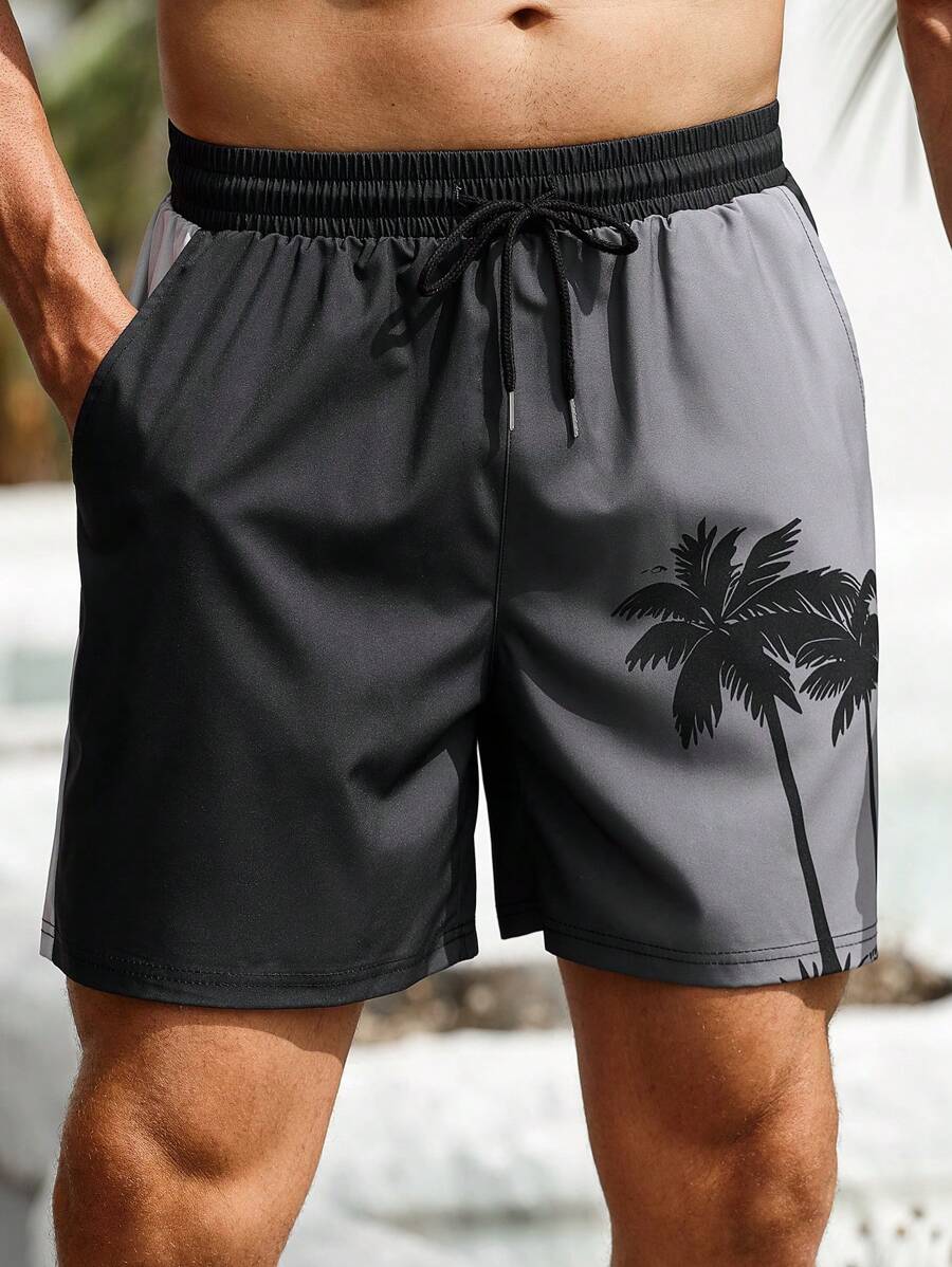 Manfinity VDAYZ Bóxer de baño para hombre, shorts de playa informales con estampado 3D degradado de árboles de coco hawaianos, con cordón en la cintura, una sola capa sin forro, perfecto para uso casual, vacaciones y ropa de playa, hawaianos
