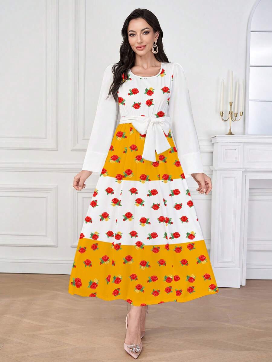 Al Najma Women's Colorblock Round Neck Puff Sleeve Dress With Belt, Elegant Comfortable Arabic Floral Print Polyester Dress, Suitable For Ramadan, Home, Outing, Party, Ramadan Traditional Clothing
