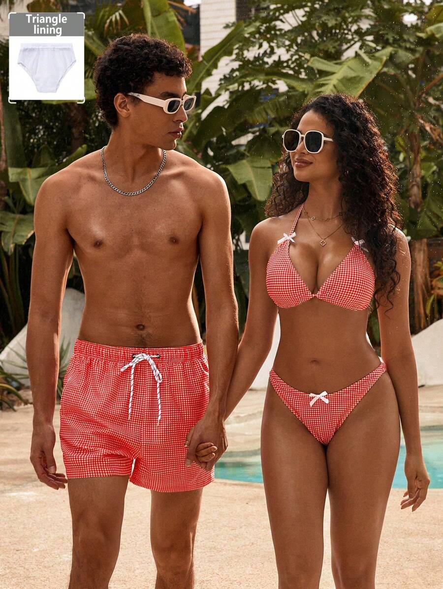 Manfinity VDAYZ Men's Beach Shorts Couples Matching Swimwear Drawstring Waist Front Tie Pocket Plaid Resort Casual, Matching Swimwear For Couples Red, Beachwear Matching Couple, Couple Matching Swim Wear, Couple Bathing Suit Set, His And Hers Swim Suit Sets