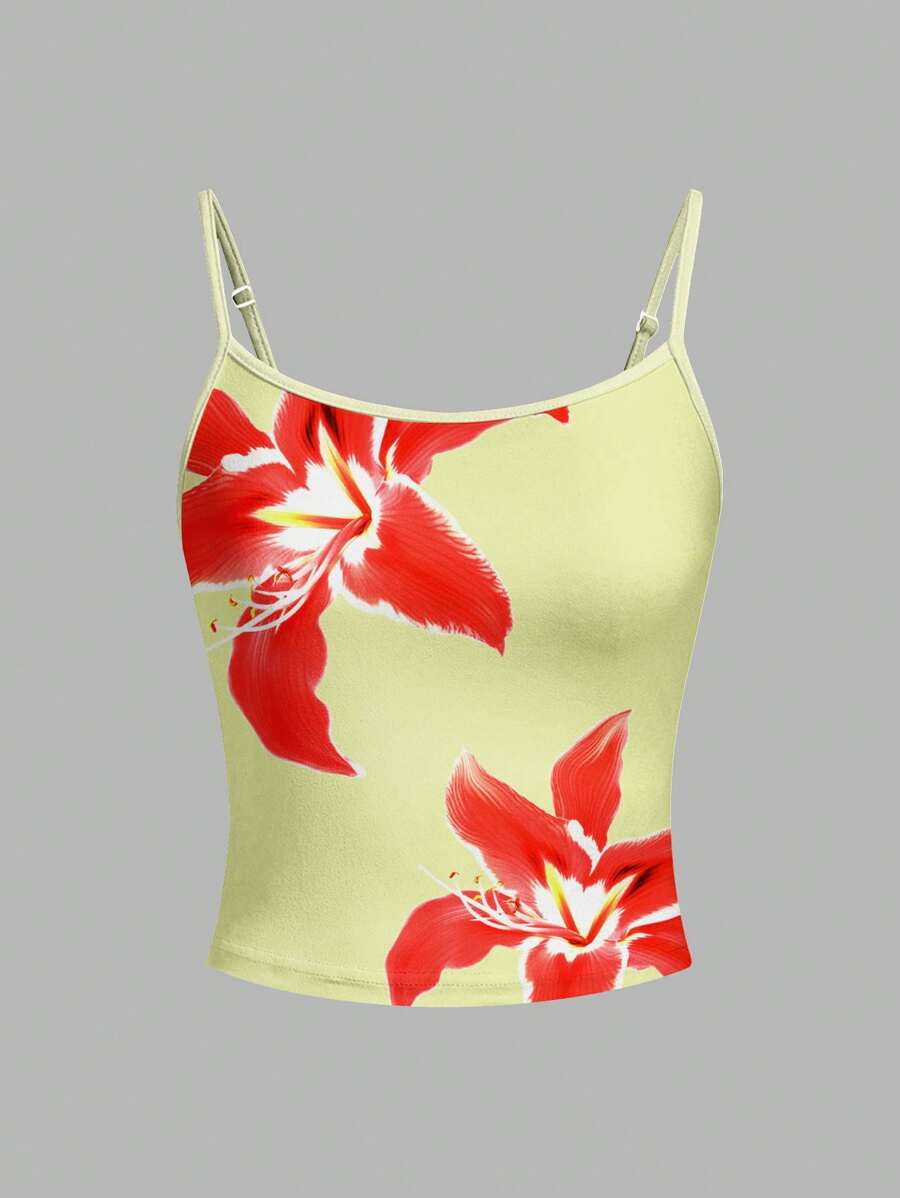 SHEIN EZwear Women Casual Sexy Floral Camisole Tight-Fitting Racerback Cami Top Suitable For Summer