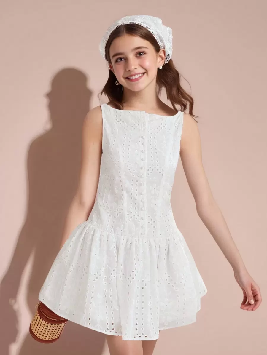 Vestido blanco sin mangas con textura y bordado para niñas preadolescentes, para el verano