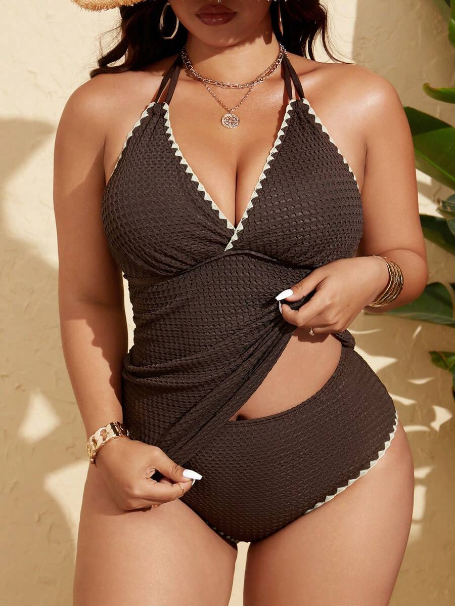 Swim Lushoire Ensemble de maillot de bain estival de vacances à la plage pour femme grande taille en style tankini, noir, avec encolure en V à double bretelle, recouvrant le ventre, culotte en triangle fendu