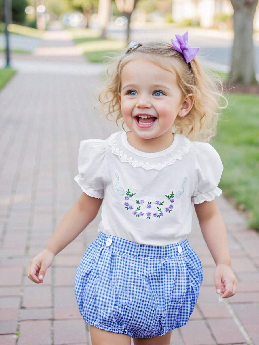 SHEIN Shorts pour bébés filles, style coréen décontracté, mignons à carreaux bleus avec décoration de boutons, convenant à diverses occasions, été