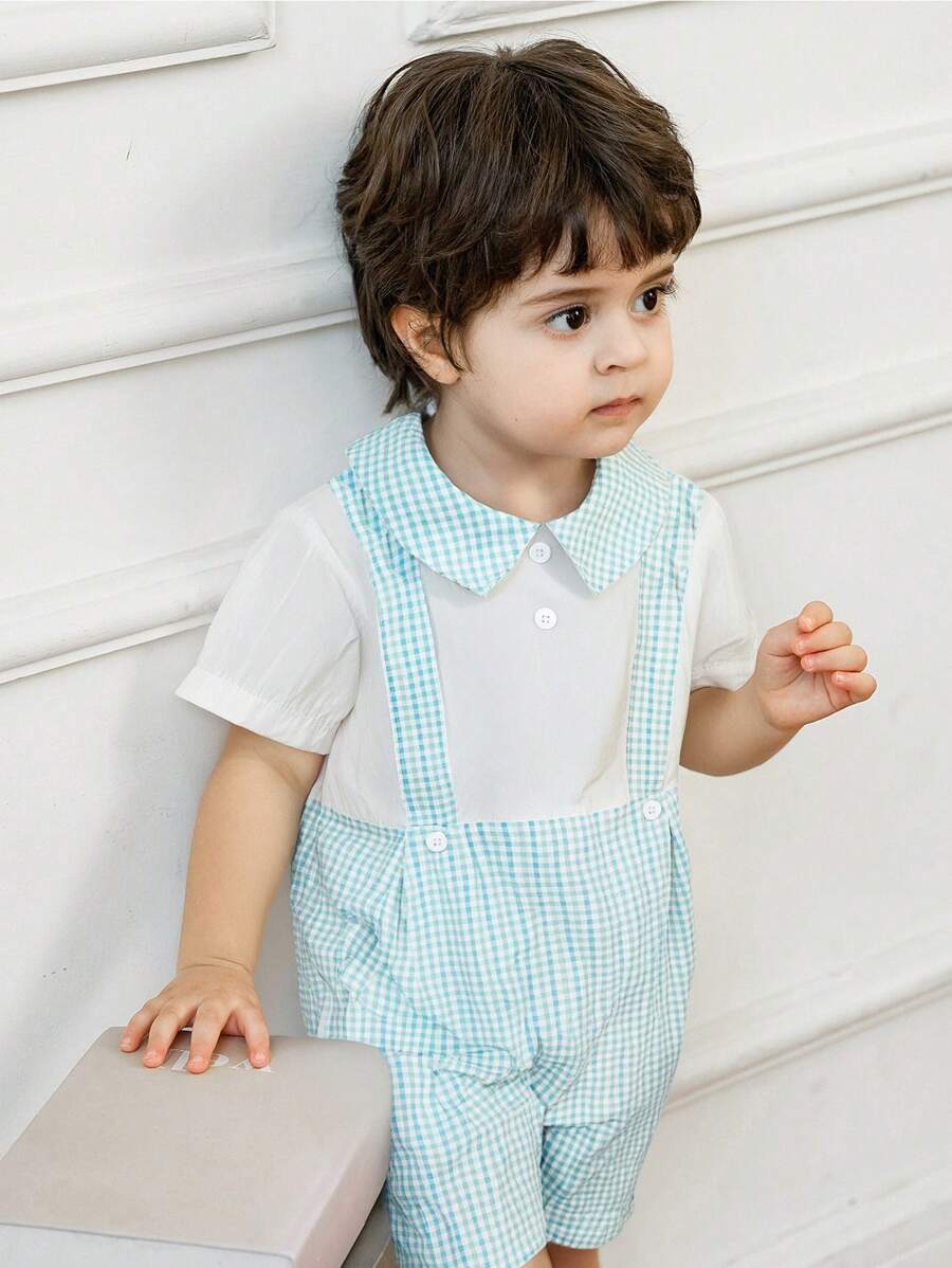 SHEIN 2pcs Set Toddler Boys Retro Plaid Round Neck Pullover Sweatshirt And Shorts, Comfortable And Cute, Spring/Summer