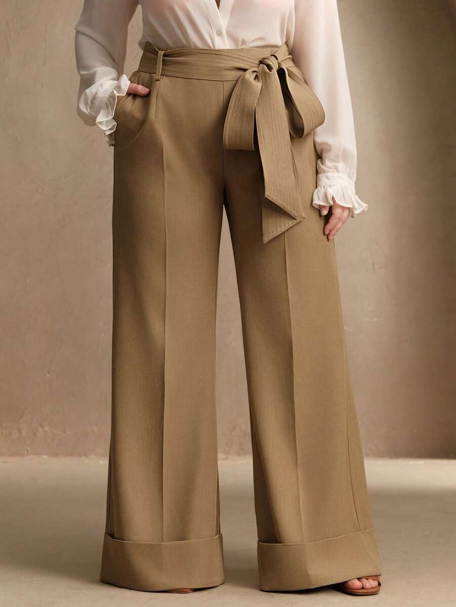 Anewsta Pantaloni casual eleganti da donna taglie forti, con vita larga e decorazione con cintura