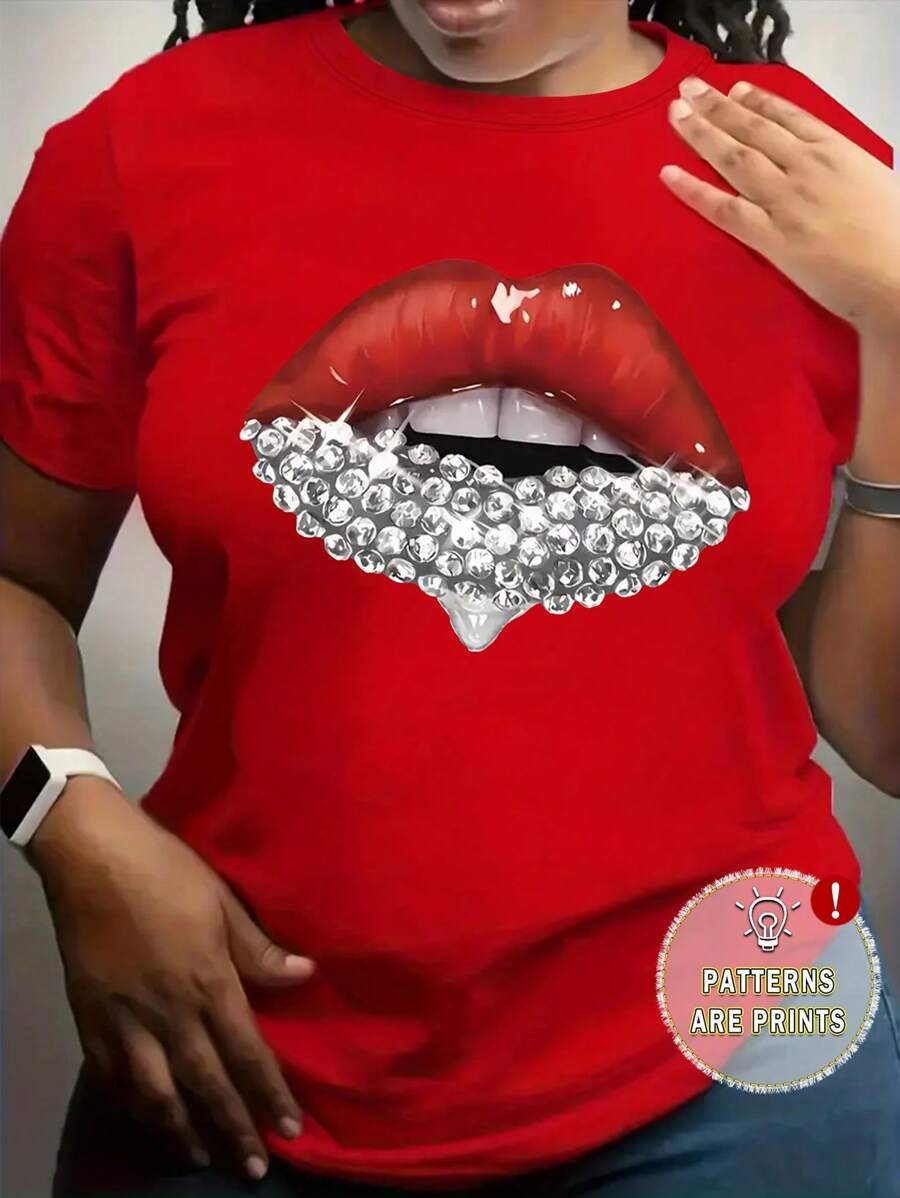 Rovax Plus Size Women Sexy Red Lips Graphic Round Neck T-Shirt, For Summer