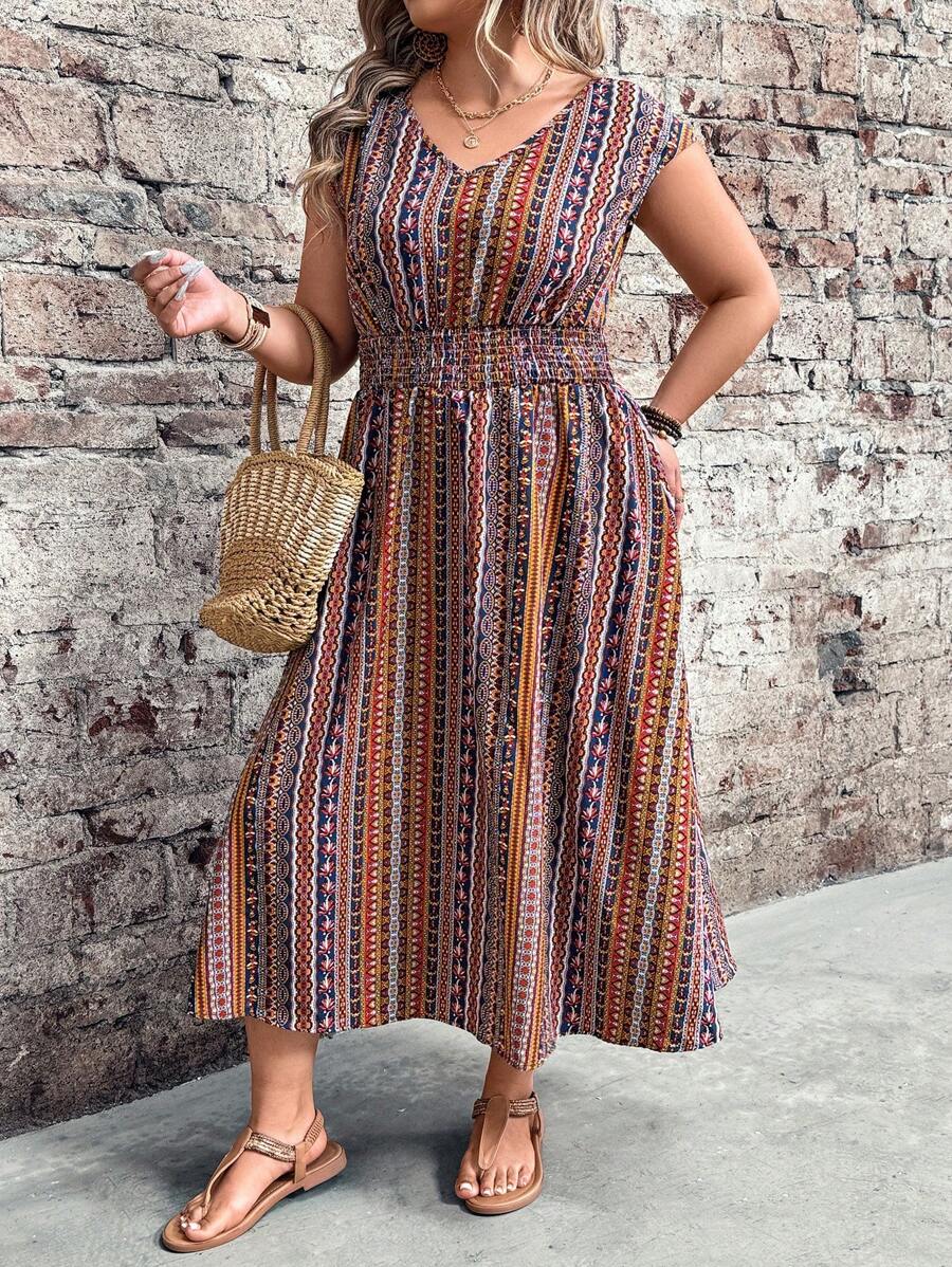Breezaya Plus Size damska sukienka w paski w stylu boho z marszczeniami w talii i bez rękawów, odpowiednia na wakacje