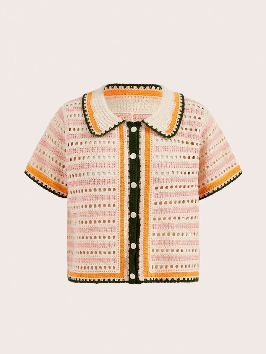 Athîral Camisa casual de mujer de punto con cuello Peter Pan y detalles calados