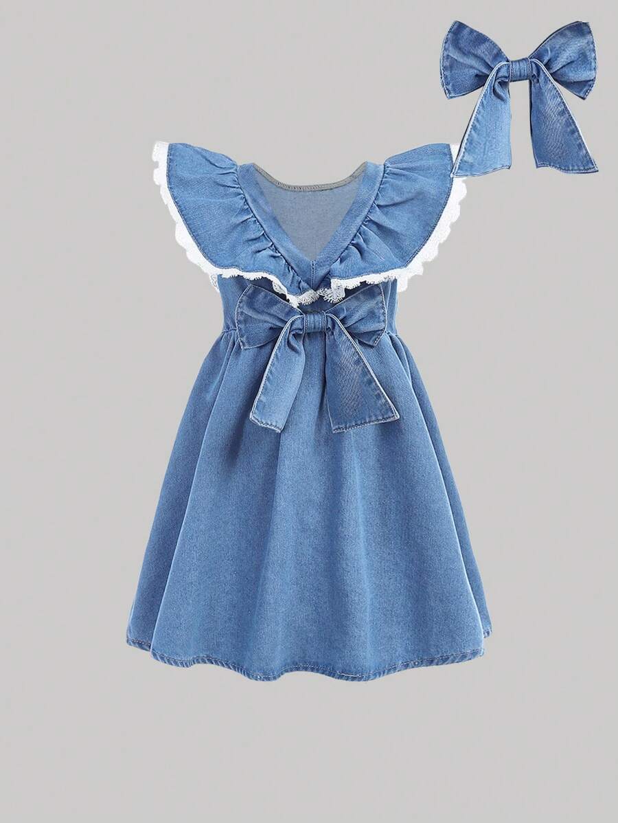 SHEIN Young Girl' White Lace Trim Blue Denim Short Cap Sleeve Dress,Kid Girls Spring And Summer Casual Vacation Country Boho Wear, Beach Outfits For Kid Girls,Easter Dress, Spring Break Spring Break Outfits Outfits
