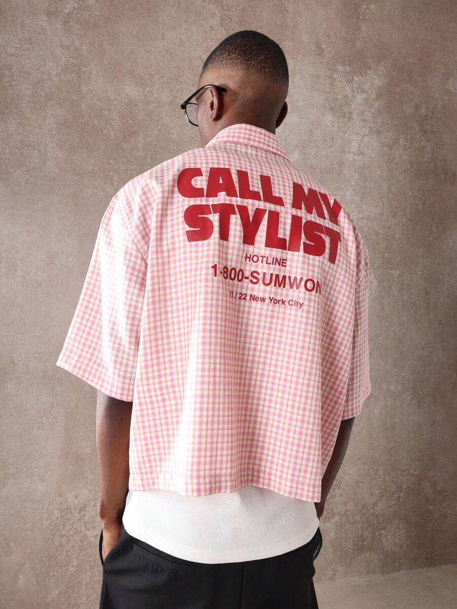 SUMWON Urban Streetwear Gingham Check Button-Up Short Sleeve Shirt With Statement Back Print Graphic Text Nyc Fashion Statement Oversized Summer Spring Collection
