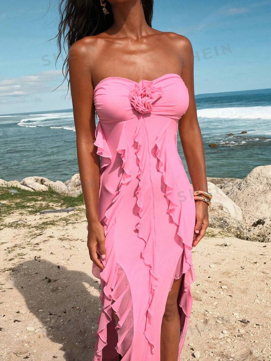 Opulessa Vestido ceñido con abertura, con volante de malla de punto de color simple para mujer