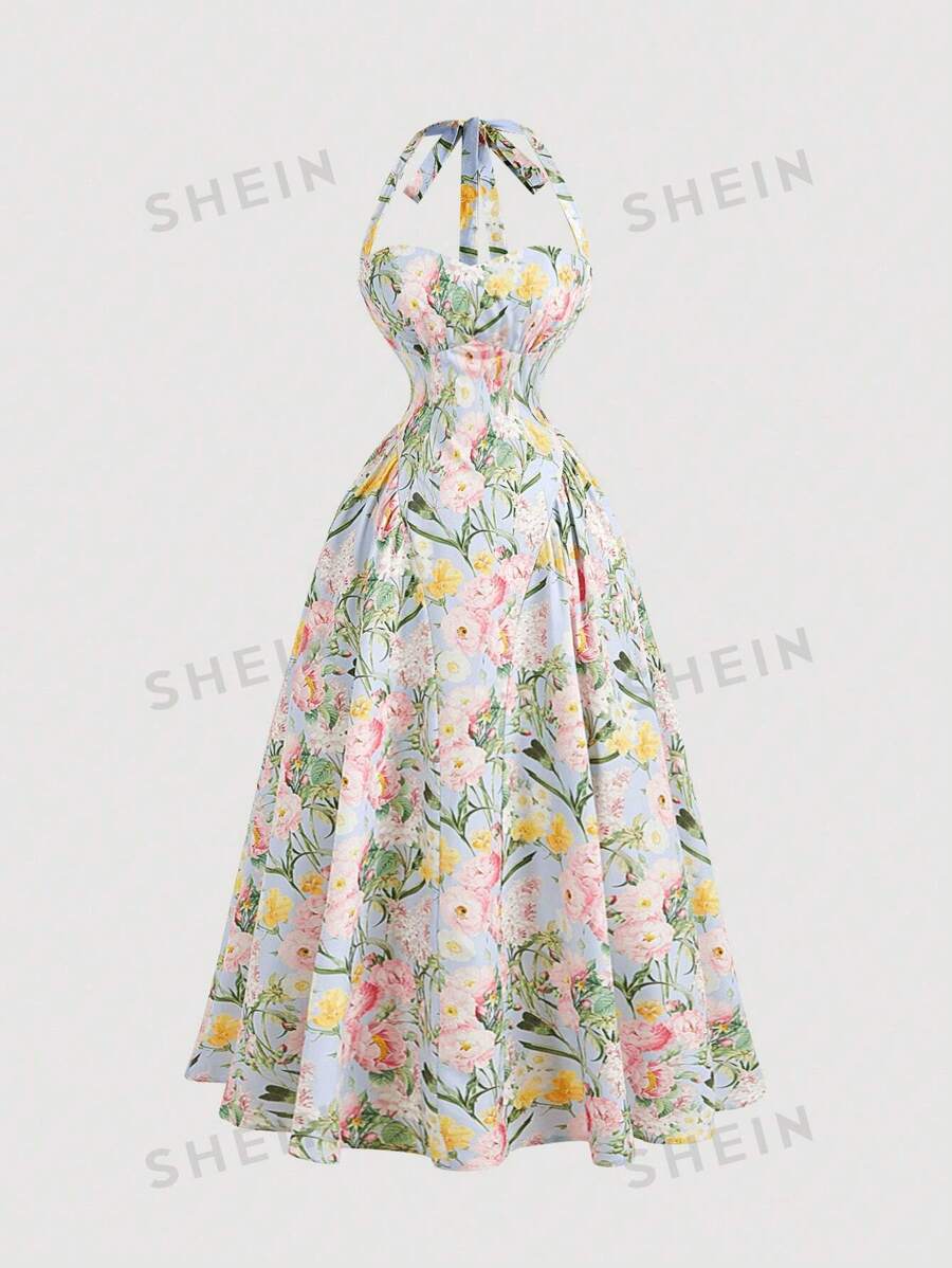 SHEIN MOD Vestido de mujer de longitud media con estampado floral romántico y escote halter, ideal para el Día de San Valentín, primavera, brunch, fiesta de té, vacaciones en la playa, vestidos florales para mujer, vestidos vintage para mujer