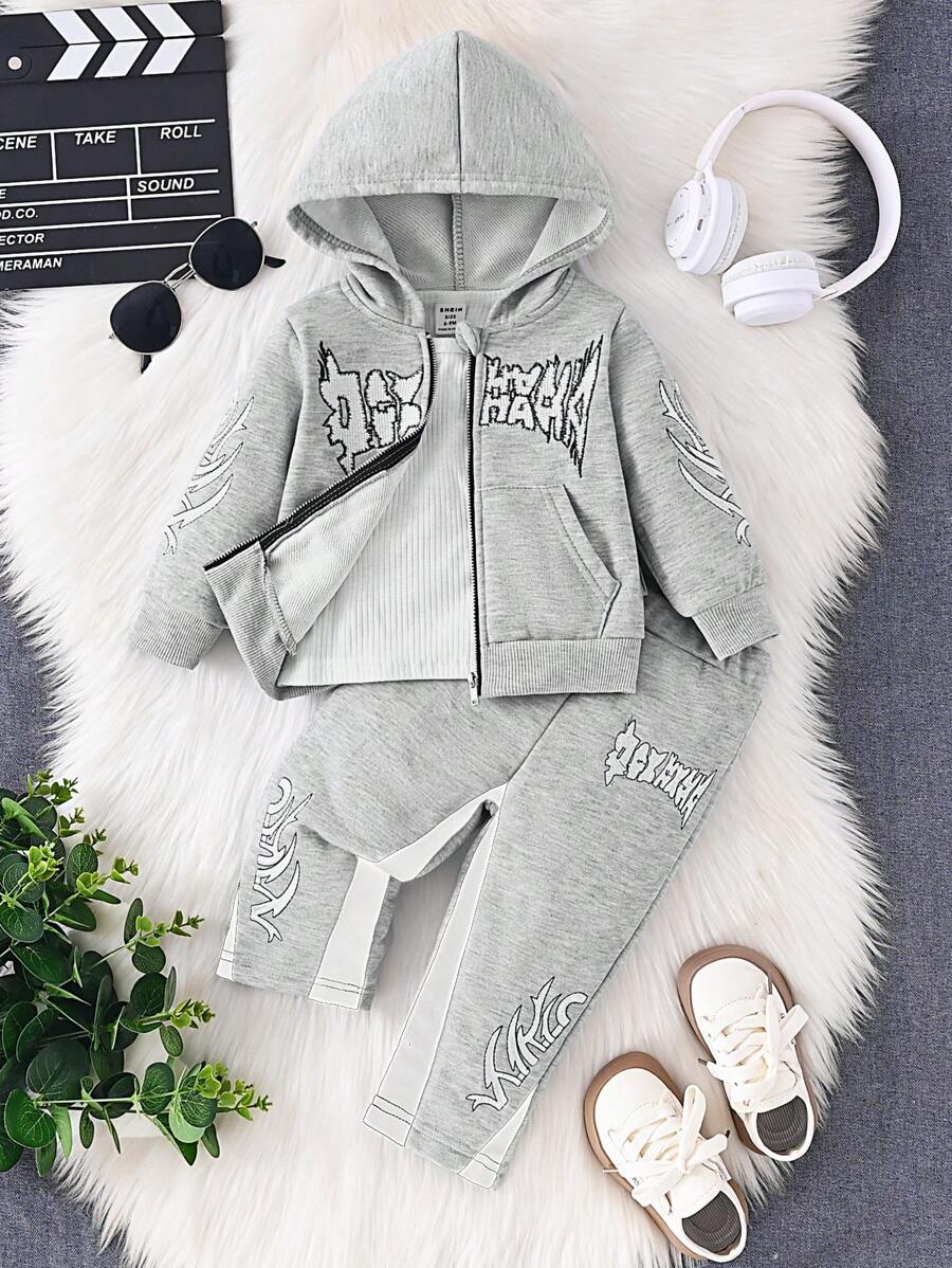 2pcs Set Baby Boys Letter Embroidery Hoodie Sweatshirt Jacket & Pants Outfit, Soft & Comfortable, Casual Style, Suitable For Autumn/Winter Outdoor Activities, Daily Life, Vacation