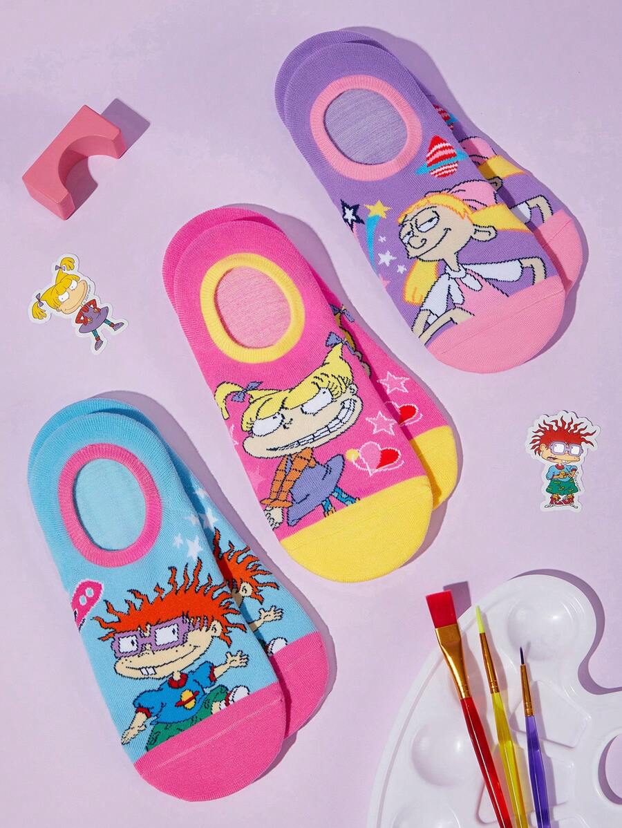 Nick 90s X SHEIN 3 Pairs Women Breathable Soft Boat Socks/Invisible Socks, Reinforced Toe And Heel, Wear All Seasons, Cute Cartoon & Contrast Color