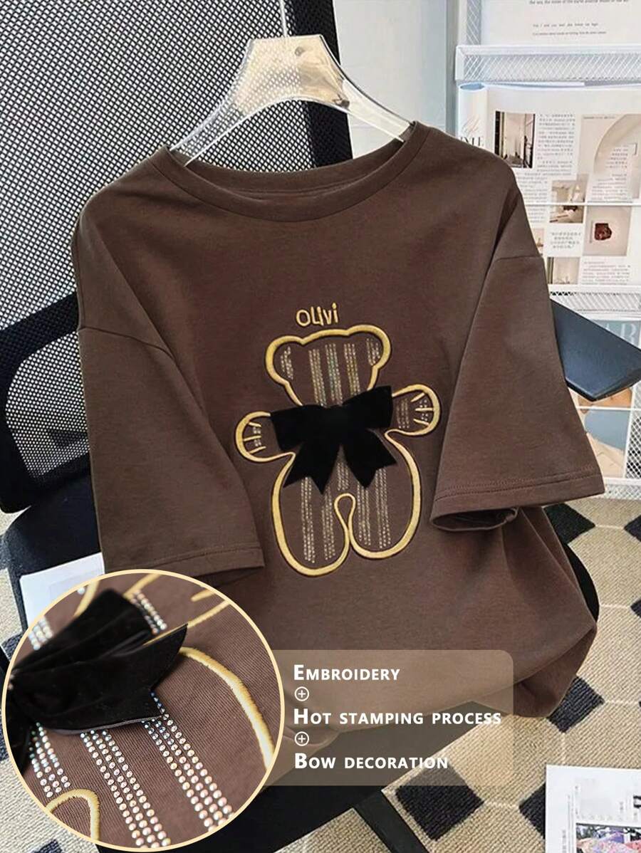 SHEIN Oversized Bear Embroidery & Rhinestone Bow Decor Round Neck Drop Shoulder Mid-Length Women T-Shirt