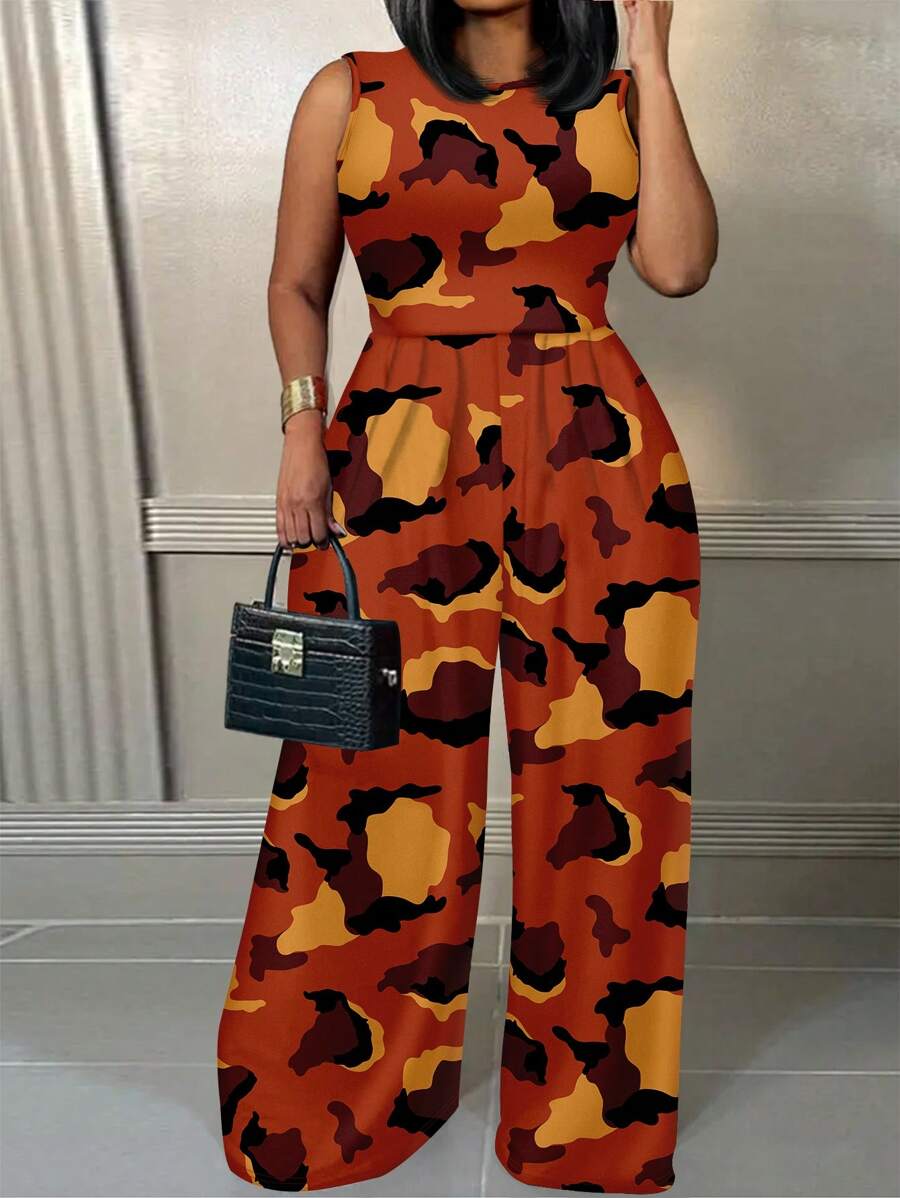 Slaydiva Plus Size Zomer Camouflage Print Wijde Pijpen Jumpsuit