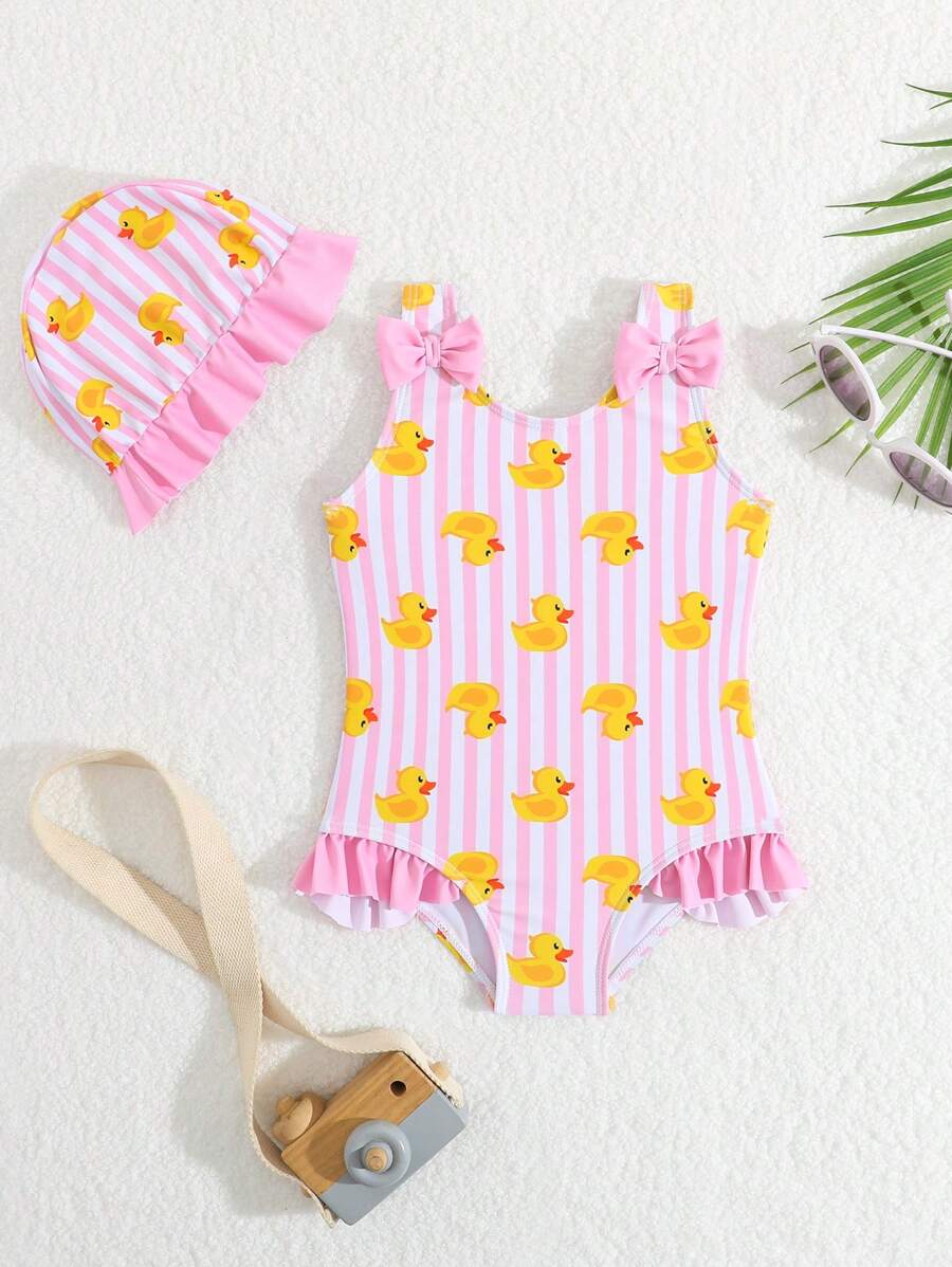 SHEIN Maillot de bain une pièce pour bébé fille avec imprimé rayures et canard jaune, pour les vacances à la plage