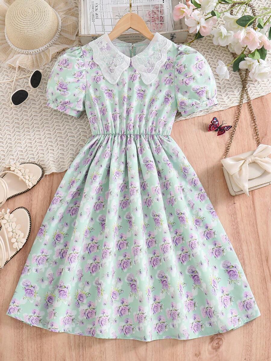 SHEIN 1 pièce Robe d'été à fleurs, col papillon à bordure en maille, manches bouffantes, pour vacances, printemps/été, pour filles