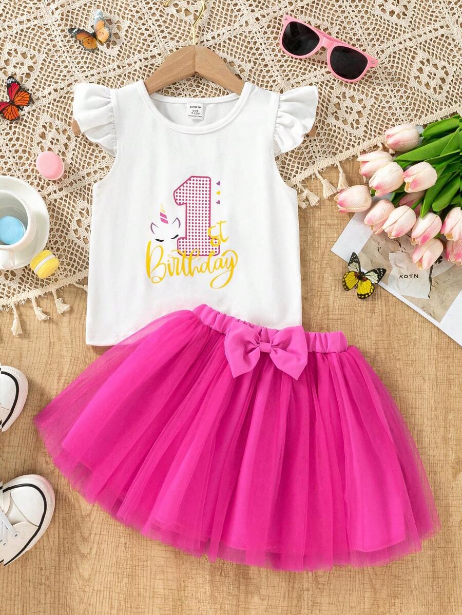 SHEIN Conjunto de 2 piezas para bebé niña: Camiseta de manga corta elástica con estampado de unicornio lindo y falda en A de malla color fucsia para el verano