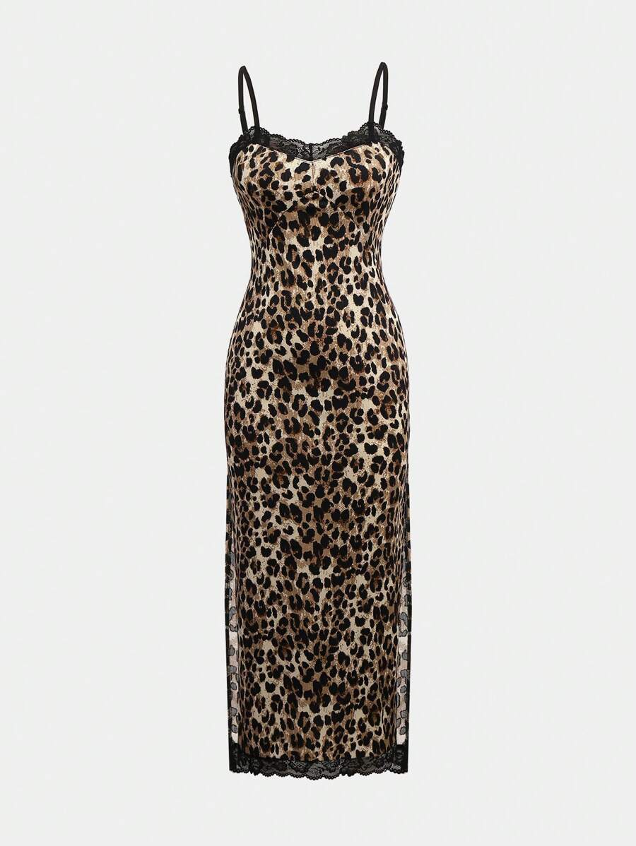 SHEIN LUNE Vestido midi sexy para mujer con estampado de leopardo y encaje