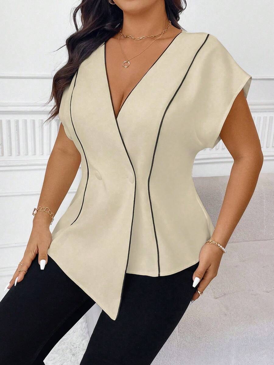 Celure Blazer elegante da lavoro con scollo a V profondo, maniche a palloncino e blocchi di colore
