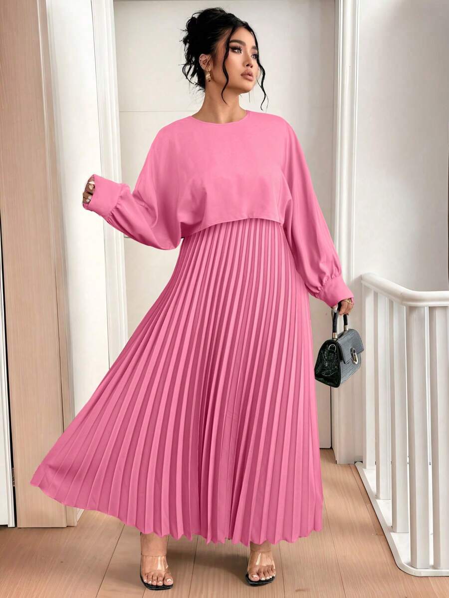Celure Plus Size Women Elegant 2 In 1 Pleated Hem Long Dress
