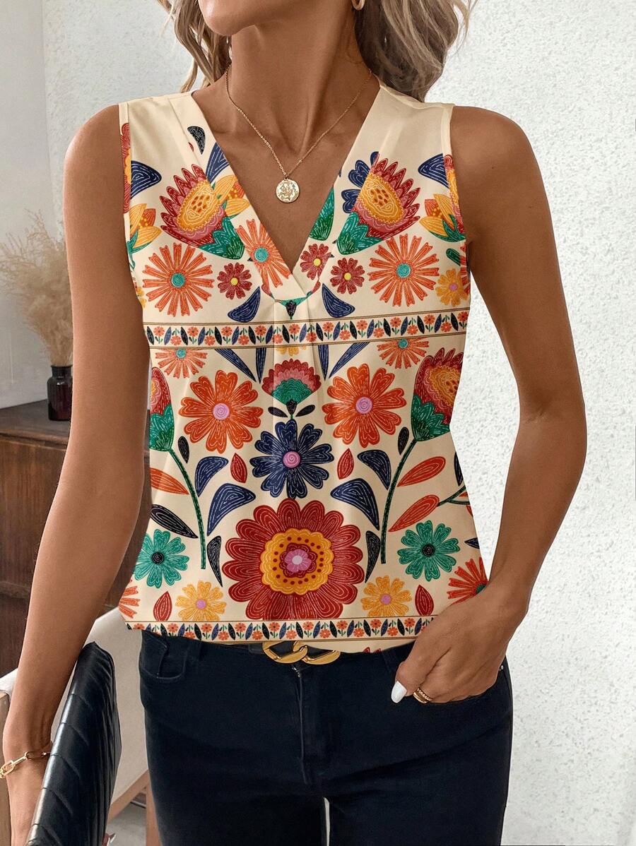 SHEIN Clasi Countryside Print V-Neck Sleeveless Shirt, Suitable For Spring And Summer Everyday Wear Summer Outfits For Women Vacation Shirt Summer Outfits For Women Summer Tops Women