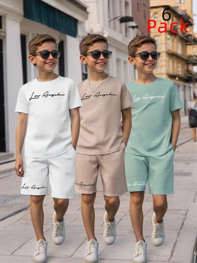 6pcs Tween Boys Casual Sports Versatile Printed Round Neck Loose Short Sleeve T-Shirt & Shorts 2-Piece Set, 3 Designs, Suitable For School, Garden, Beach, Birthday, Spring/Summer/Autumn/Winter