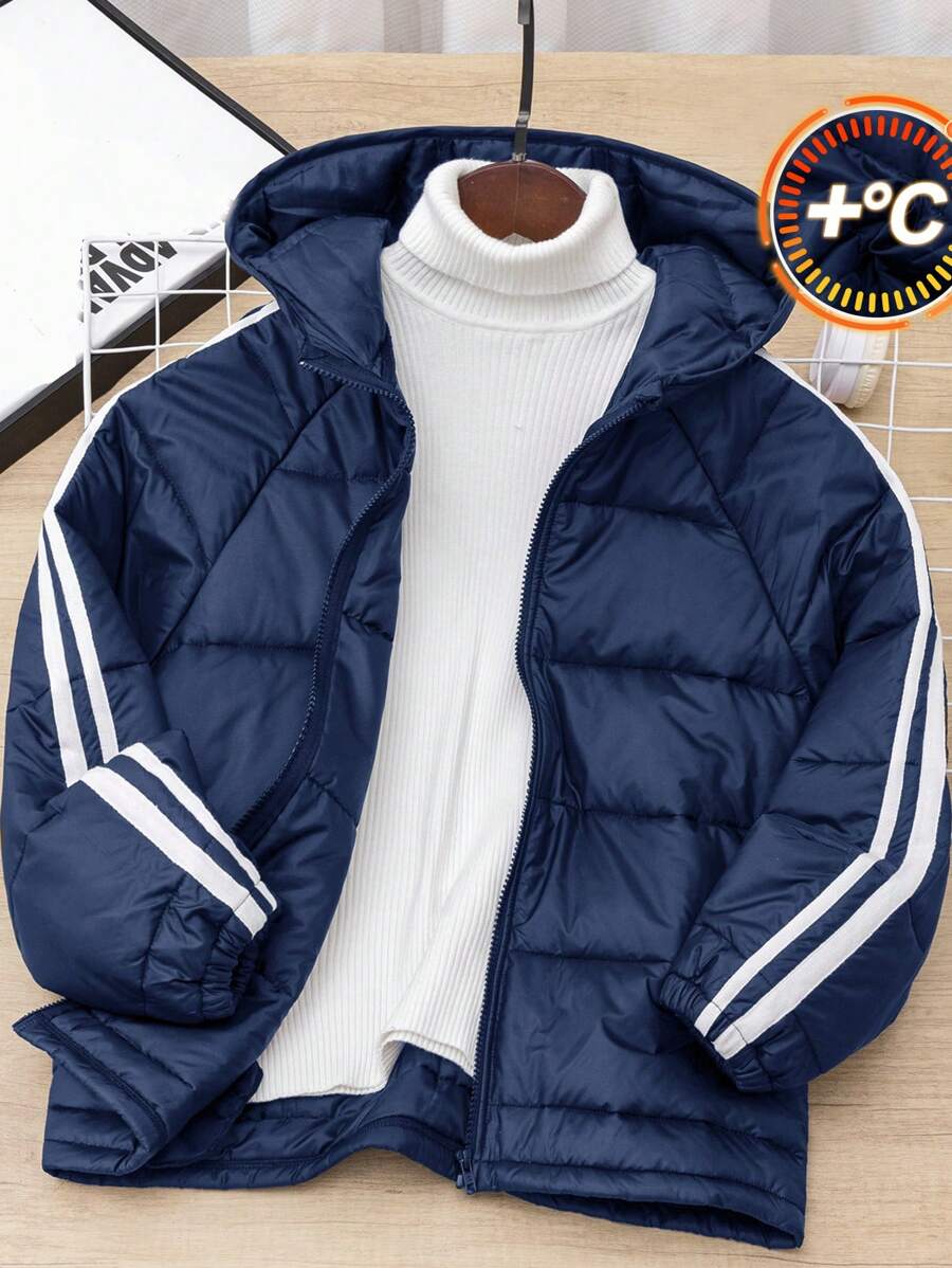 SHEIN Crianças Tween Boy Casual Listrado Fita Com Capuz Zip-Up Grosso Quente Acolchoado Casaco, Preto Inverno Acolchoado Casaco, Adequado Para Outono E Inverno