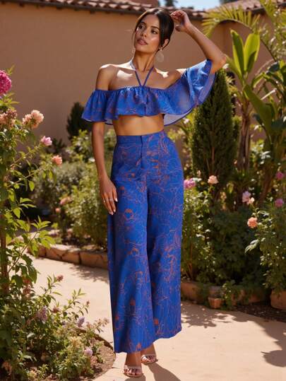 JIAN LASALA Designer Blue Printed Halter Neck Ruffled Crop Top With Smocking Back