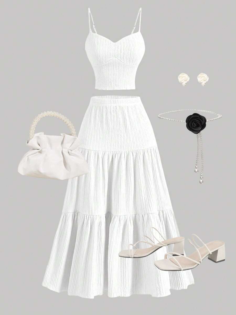 Girlism Teen Girl 2pcs/Set ,Vacation, Elegance,Camisole Tank Top And Long Skirt,Brunch Outfit, Two Pieces Sets,Inside Out,Spring And Summer,Fall Clothes,Back To School Clothes