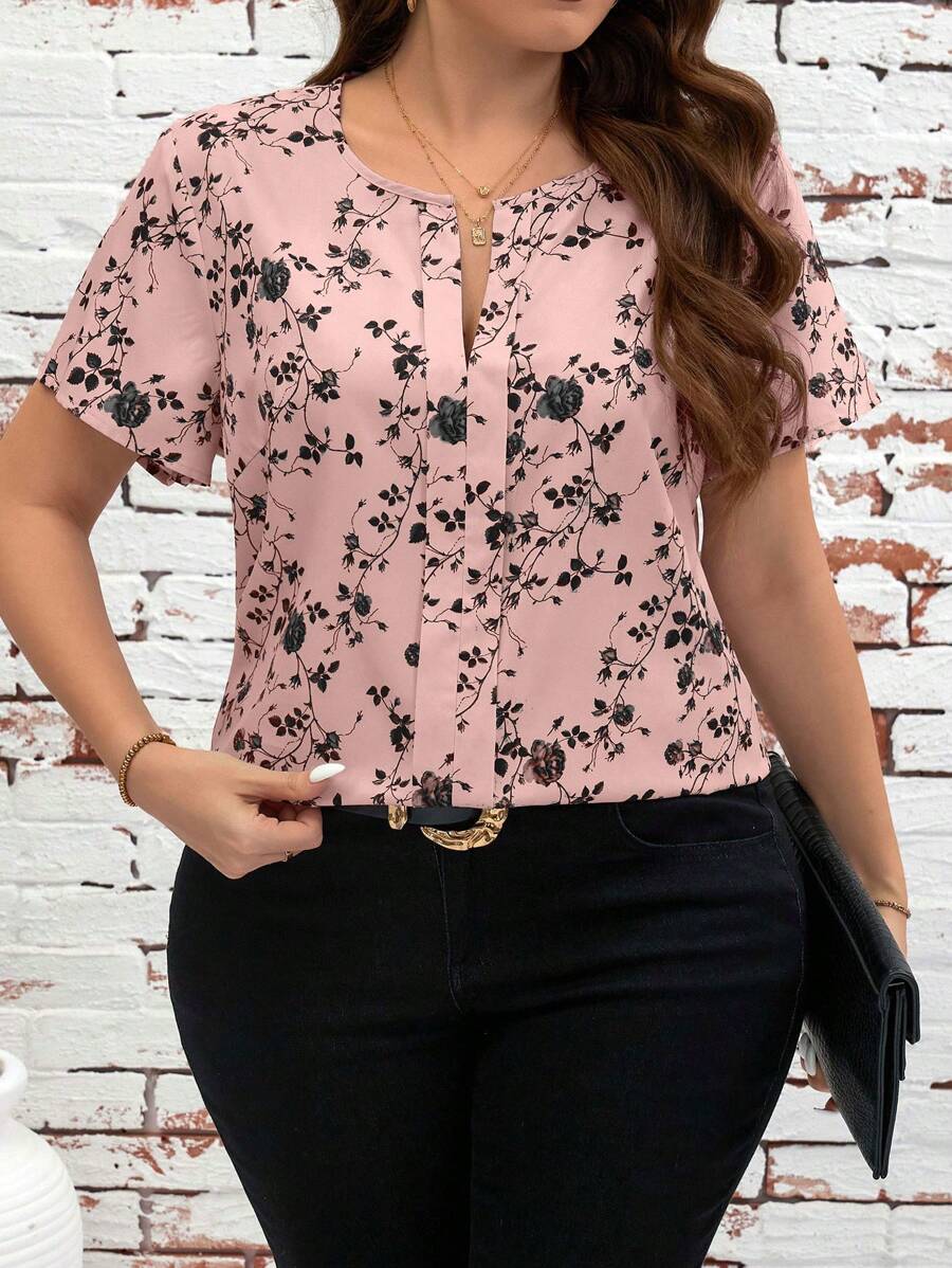 SHEIN Clasi Plus Size Casual Floral Allover Print Short Sleeve Shirt