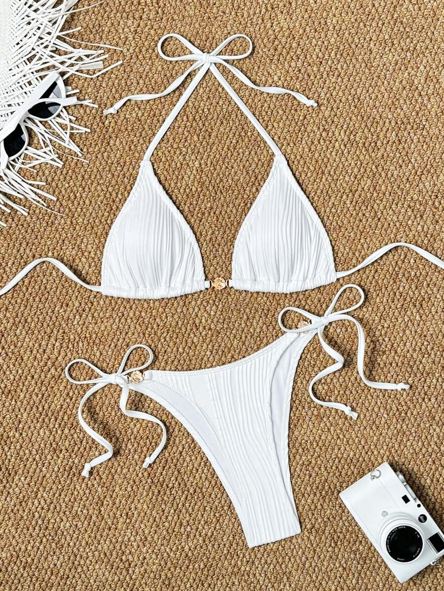 SHEIN Swim 2pcs/Set New Ladies Standard Size Textured Solid Color Halter Triangle Rose Flower Metal Accent Side Tie Bottoms Swimwear For Summer Beach Vacation